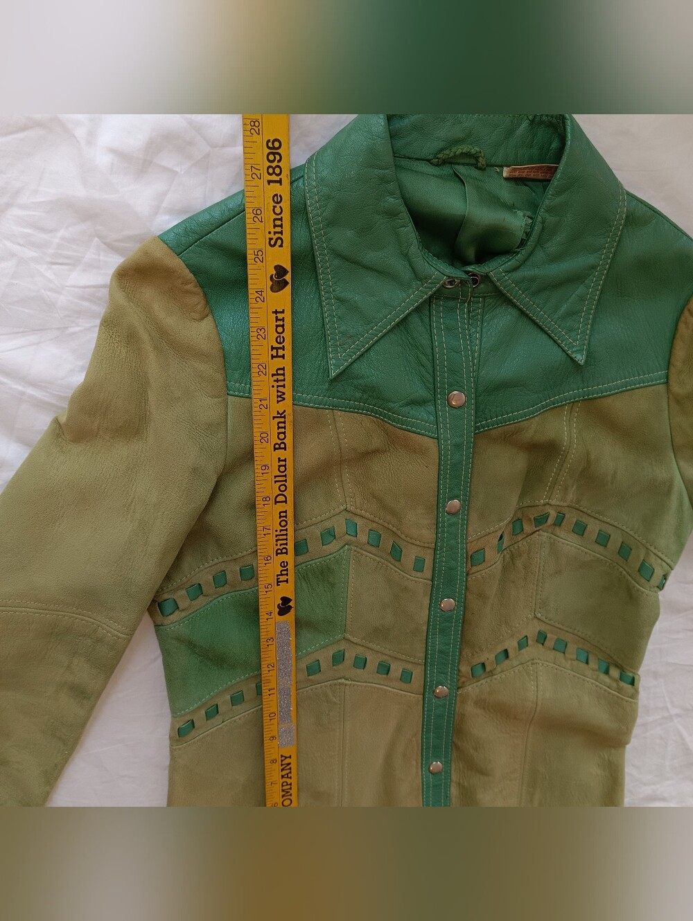 Rare True Vintage 70s Multi Tone Green Suede Leather Knit Back Tailored Jacket - Picture 5 of 12